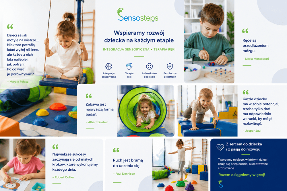 Dzieci podczas ćwiczeń ogólnorozwojowych, grafomotorycznych i zabawy sensorycznej w gabinecie Sensosteps.